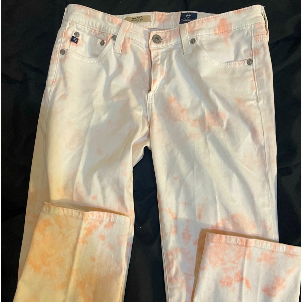 Adriano Goldschmied the stilt cigarette jeans in tie-dye pink and white.